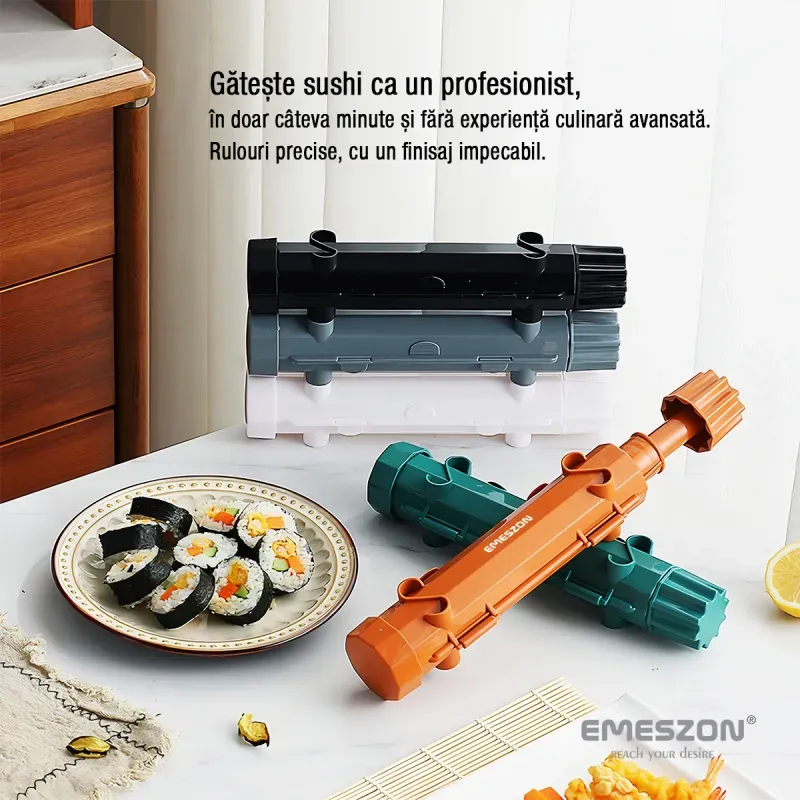 Casa si Gradina - Bucatarie si vesela - Ustensile bucatarie - Seturi ustensile de bucatarie - Set Sushi Rolls 2, EMESZON® Aparat manual de rulat Sushi cu rola bambus pentru pasionatii de bucataria Asiatica, negru - Infinity.ro