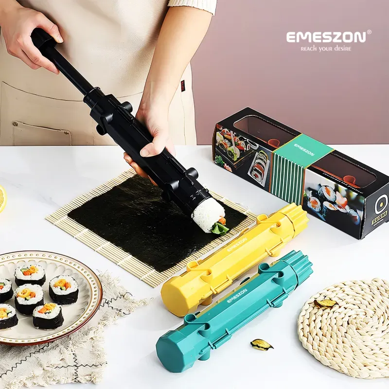 Casa si Gradina - Bucatarie si vesela - Ustensile bucatarie - Seturi ustensile de bucatarie - Set Sushi Rolls 2, EMESZON® Aparat manual de rulat Sushi cu rola bambus pentru pasionatii de bucataria Asiatica, negru - Infinity.ro