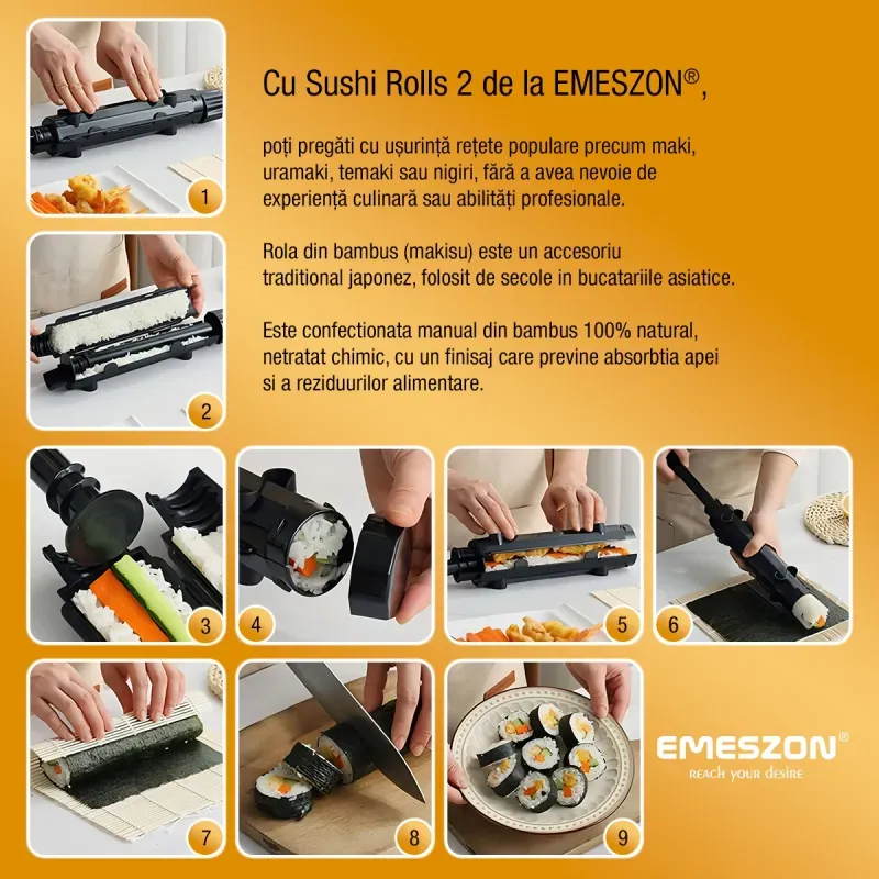 Casa si Gradina - Bucatarie si vesela - Ustensile bucatarie - Seturi ustensile de bucatarie - Set Sushi Rolls 2, EMESZON® Aparat manual de rulat Sushi cu rola bambus pentru pasionatii de bucataria Asiatica, negru - Infinity.ro