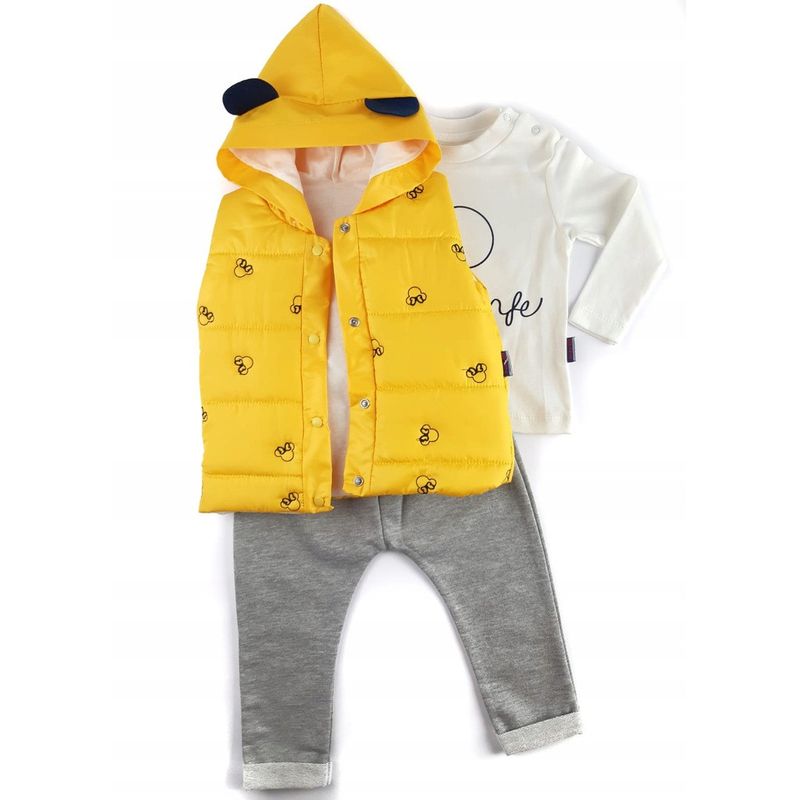 Fashion, accesorii si bijuterii - Copii - Imbracaminte copii - Treninguri si compleuri copii - Set compleu haine copii, format din bluza, vesta si pantaloni - Galben, marime 86 - Infinity.ro