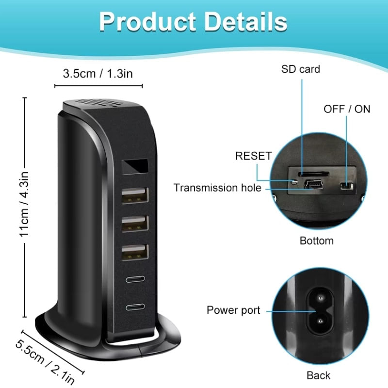 Laptop, Telefoane si Tablete - Wearables si gadgeturi - Gadgeturi - Dispozitive spionaj - Camera Spion in Statie de Incarcare iUni IP91, 16GB, Wi-Fi, Full HD, 20W, 2 porturi Type-C, 3 porturi USB-A - Infinity.ro