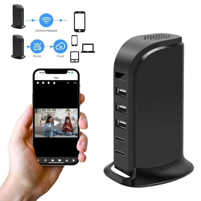 Laptop, Telefoane si Tablete - Wearables si gadgeturi - Gadgeturi - Dispozitive spionaj - Camera Spion in Statie de Incarcare iUni IP91, 16GB, Wi-Fi, Full HD, 20W, 2 porturi Type-C, 3 porturi USB-A - Infinity.ro