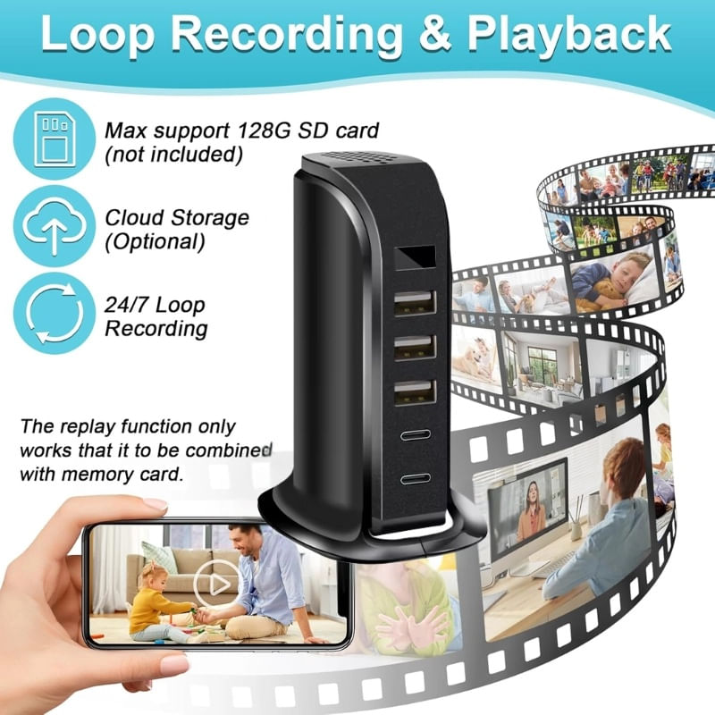 Laptop, Telefoane si Tablete - Wearables si gadgeturi - Gadgeturi - Dispozitive spionaj - Camera Spion in Statie de Incarcare iUni IP91, 32GB, Wi-Fi, Full HD, 20W, 2 porturi Type-C, 3 porturi USB-A - Infinity.ro