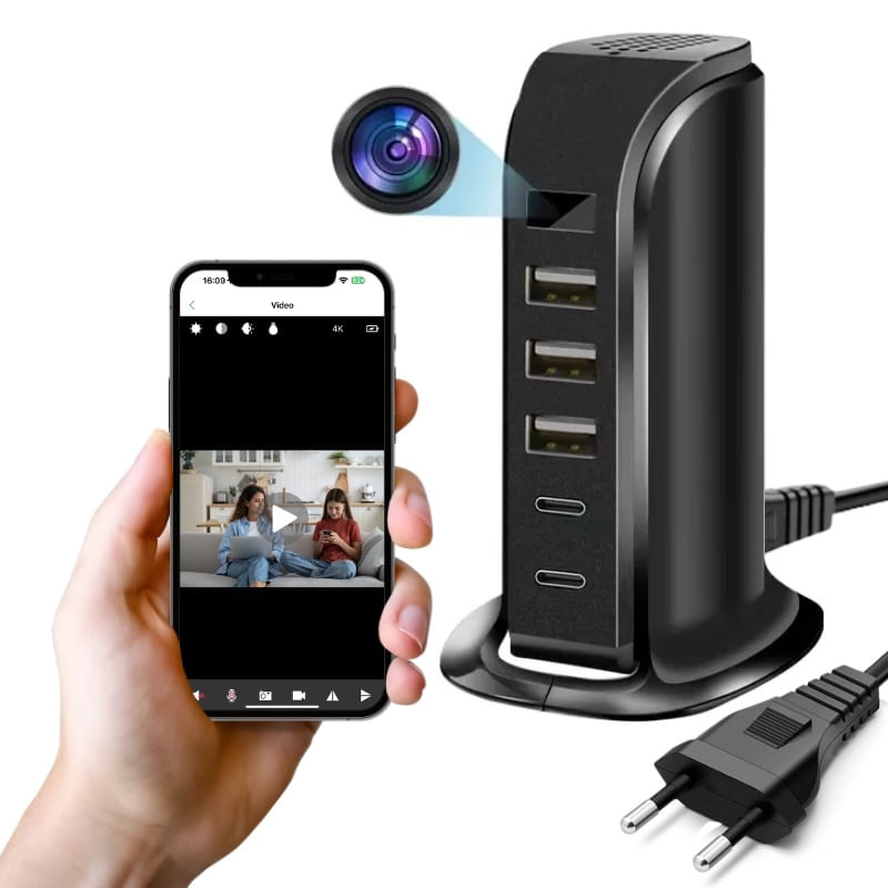 Laptop, Telefoane si Tablete - Wearables si gadgeturi - Gadgeturi - Dispozitive spionaj - Camera Spion in Statie de Incarcare iUni IP91, 32GB, Wi-Fi, Full HD, 20W, 2 porturi Type-C, 3 porturi USB-A - Infinity.ro