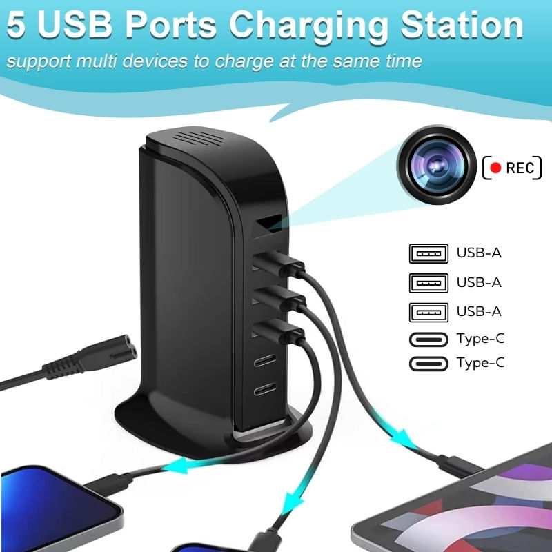 Laptop, Telefoane si Tablete - Wearables si gadgeturi - Gadgeturi - Dispozitive spionaj - Camera Spion in Statie de Incarcare iUni IP91, 32GB, Wi-Fi, Full HD, 20W, 2 porturi Type-C, 3 porturi USB-A - Infinity.ro