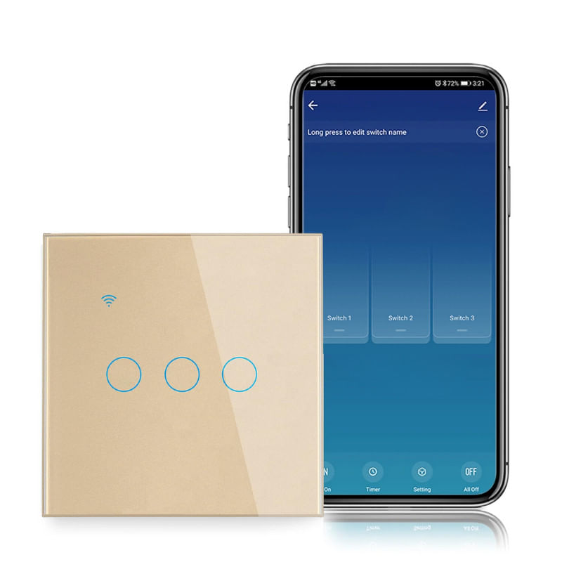 Casa si Gradina - Electrice - Distributie electrica si comanda - Intrerupatoare - Intrerupator smart touch iUni 3F, Wi-Fi, Sticla securizata, LED, Gold - Infinity.ro