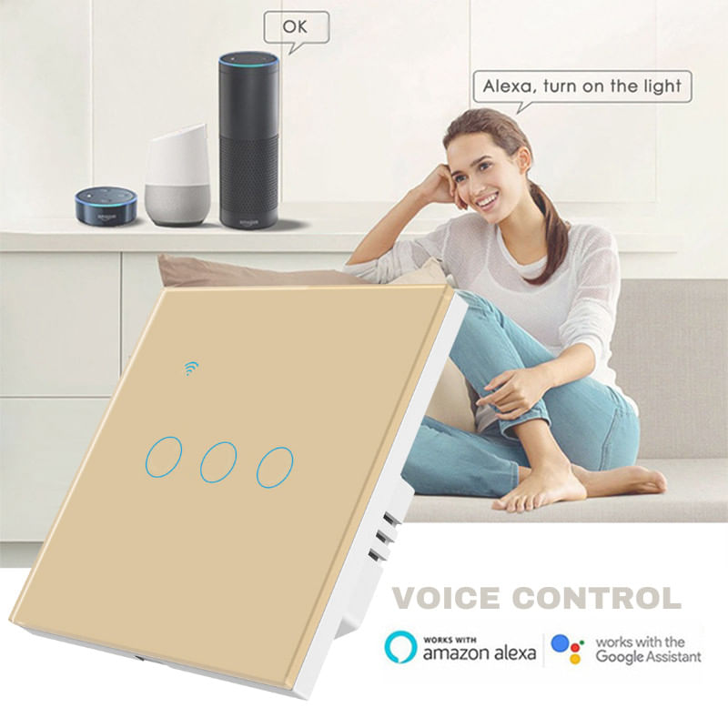 Casa si Gradina - Electrice - Distributie electrica si comanda - Intrerupatoare - Intrerupator smart touch iUni 3F, Wi-Fi, Sticla securizata, LED, Gold - Infinity.ro