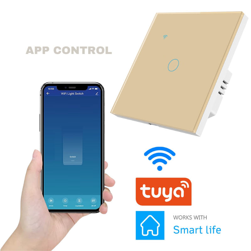 Casa si Gradina - Electrice - Distributie electrica si comanda - Intrerupatoare - Intrerupator smart touch cap scara/cruce iUni 1F, Wi-Fi, Sticla securizata, LED, Gold - Infinity.ro