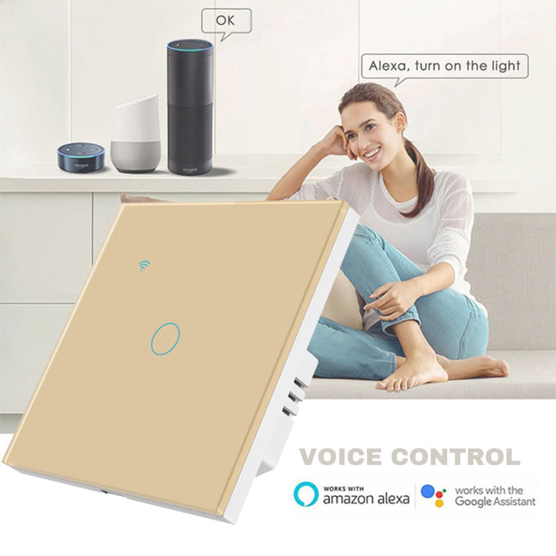 Casa si Gradina - Electrice - Distributie electrica si comanda - Intrerupatoare - Intrerupator smart touch cap scara/cruce iUni 1F, Wi-Fi, Sticla securizata, LED, Gold - Infinity.ro