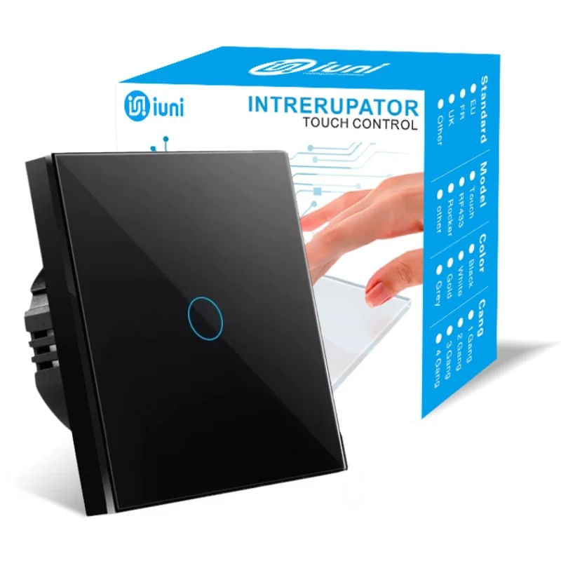 Casa si Gradina - Electrice - Distributie electrica si comanda - Intrerupatoare - Intrerupator touch cap scara, cap cruce iUni 1F, Sticla securizata, LED, Negru - Infinity.ro