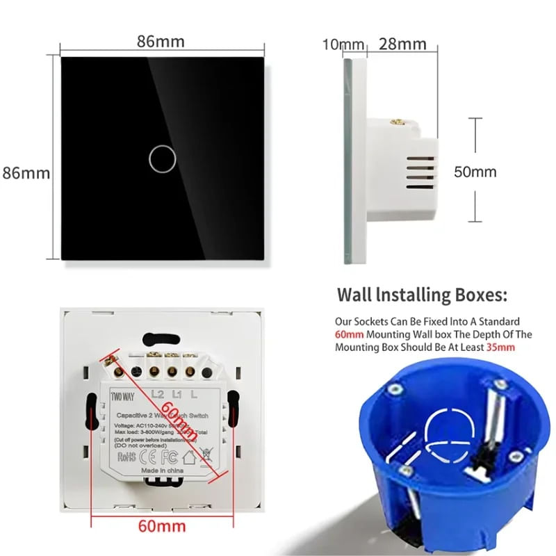 Casa si Gradina - Electrice - Distributie electrica si comanda - Intrerupatoare - Intrerupator touch cap scara, cap cruce iUni 1F, Sticla securizata, LED, Negru - Infinity.ro