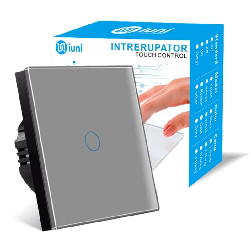 Casa si Gradina - Electrice - Distributie electrica si comanda - Intrerupatoare - Intrerupator touch cap scara, cap cruce iUni 1F, Sticla securizata, LED, Argintiu - Infinity.ro