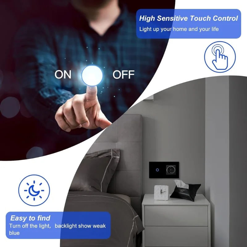 Casa si Gradina - Electrice - Distributie electrica si comanda - Intrerupatoare - Intrerupator touch si Priza, Rama sticla securizata, iUni 1Y, LED, Black - Infinity.ro