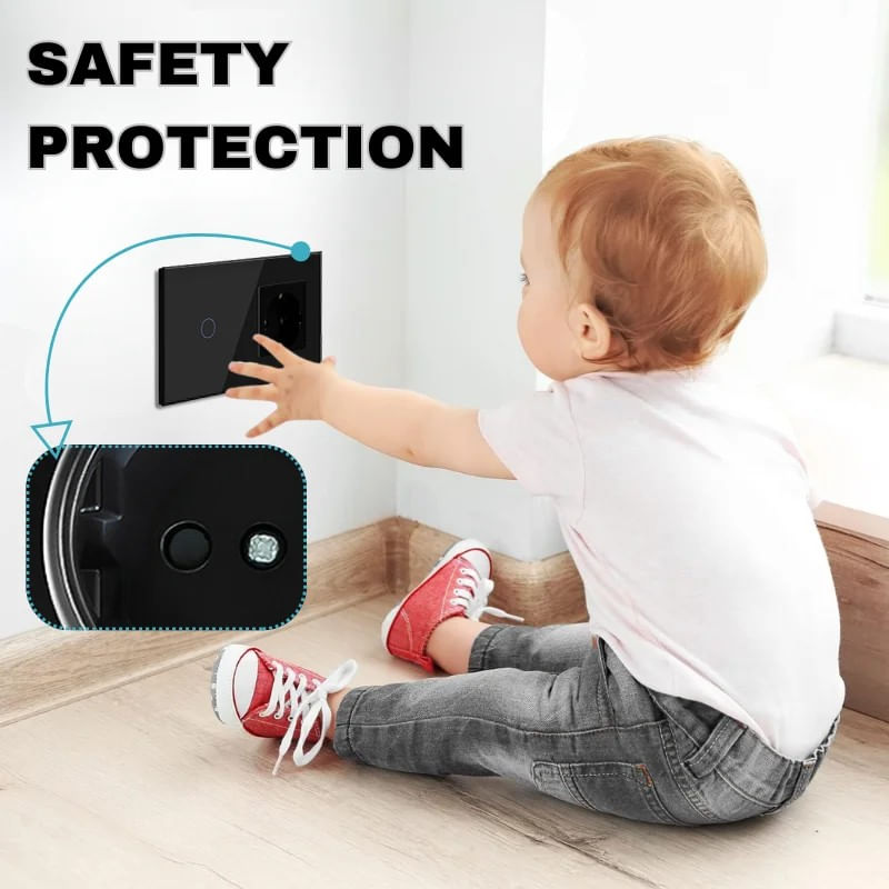 Casa si Gradina - Electrice - Distributie electrica si comanda - Intrerupatoare - Intrerupator touch si Priza, Rama sticla securizata, iUni 1Y, LED, Black - Infinity.ro