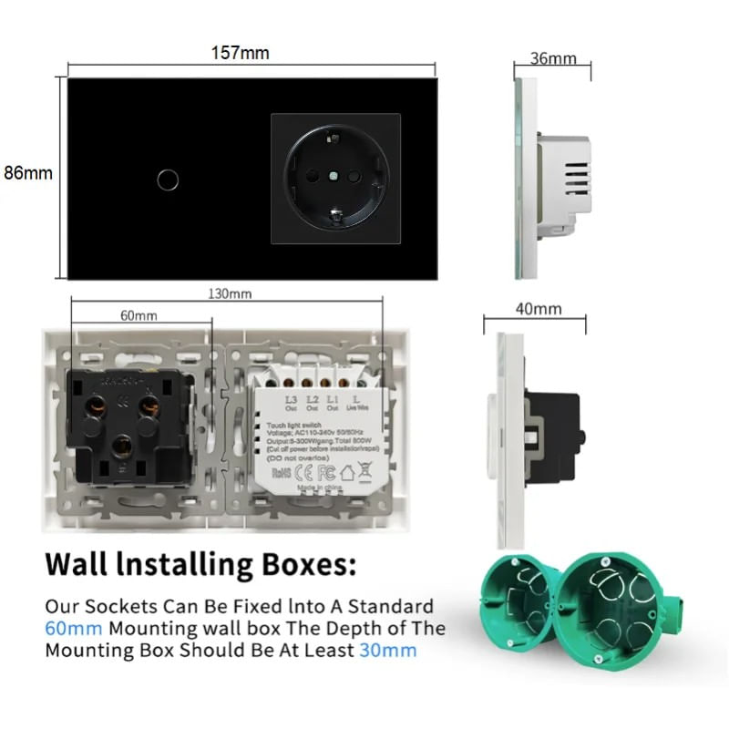 Casa si Gradina - Electrice - Distributie electrica si comanda - Intrerupatoare - Intrerupator touch si Priza, Rama sticla securizata, iUni 1Y, LED, Black - Infinity.ro