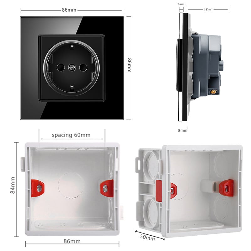 Casa si Gradina - Electrice - Prize - Priza cu rama din sticla securizata iUni WS1, 16A, Black - Infinity.ro