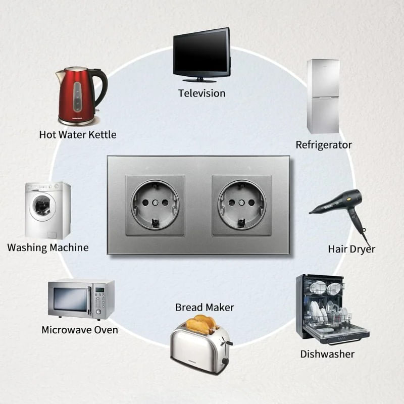 Casa si Gradina - Electrice - Prize - Priza dubla cu rama din sticla securizata iUni WS2, 16A, Silver - Infinity.ro