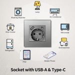 Casa si Gradina - Electrice - Prize - Priza rama sticla securizata, porturi USB-A si USB-C, iUni UC1, 16A, Silver - Infinity.ro