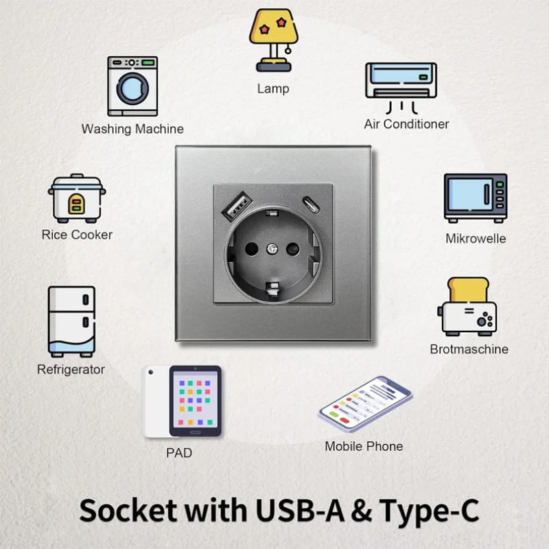 Casa si Gradina - Electrice - Prize - Priza rama sticla securizata, porturi USB-A si USB-C, iUni UC1, 16A, Silver - Infinity.ro