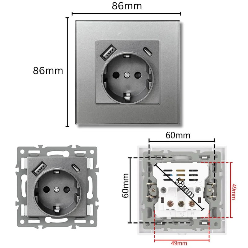 Casa si Gradina - Electrice - Prize - Priza rama sticla securizata, porturi USB-A si USB-C, iUni UC1, 16A, Silver - Infinity.ro