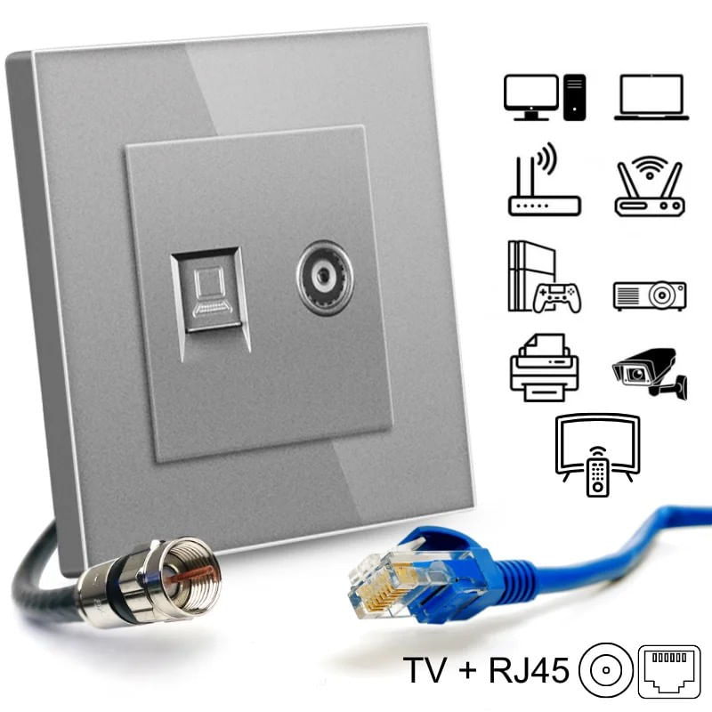 Casa si Gradina - Electrice - Prize - Priza TV + Internet RJ45, Cat6, Rama sticla securizata, iUni TDS, Silver - Infinity.ro
