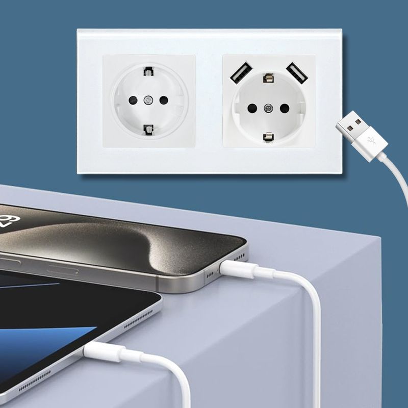 Casa si Gradina - Electrice - Prize - Priza dubla rama sticla securizata, 2 porturi USB-A, iUni US2, 16A - Infinity.ro