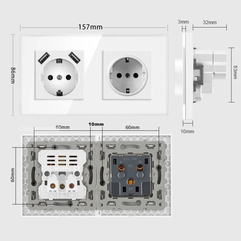 Casa si Gradina - Electrice - Prize - Priza dubla rama sticla securizata, 2 porturi USB-A, iUni US2, 16A - Infinity.ro