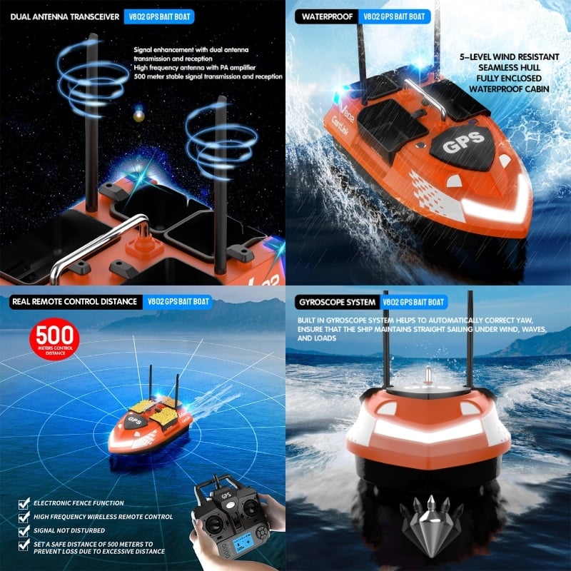 Sport si Outdoor - Sporturi acvatice - Pescuit - Echipament suplimentar pentru pescuit - Barca Plantat, Nadit si Momit iUni V802 PRO, GPS, 5200mAh, 4 cuve, 3kg, 500m, 15km/h, Telecomanda 2.4GHz - Infinity.ro