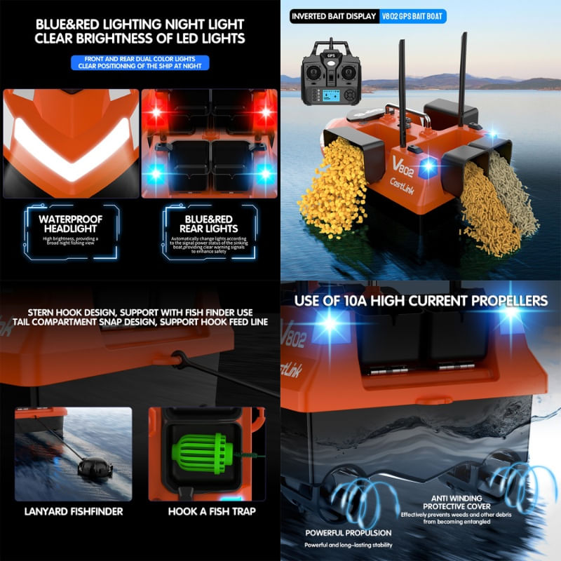 Sport si Outdoor - Sporturi acvatice - Pescuit - Echipament suplimentar pentru pescuit - Barca Plantat, Nadit si Momit iUni V802 PRO, GPS, 12000mAh, 4 cuve, 3kg, 500m, 15km/h, Telecomanda 2.4GHz - Infinity.ro