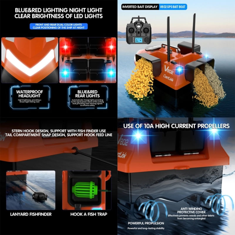 Sport si Outdoor - Sporturi acvatice - Pescuit - Echipament suplimentar pentru pescuit - Barca Plantat, Nadit si Momit iUni V802 PRO, GPS, 2 Baterii 12000mAh, 4 cuve, 3kg, 500m, 15km/h, Telecomanda 2.4GHz - Infinity.ro