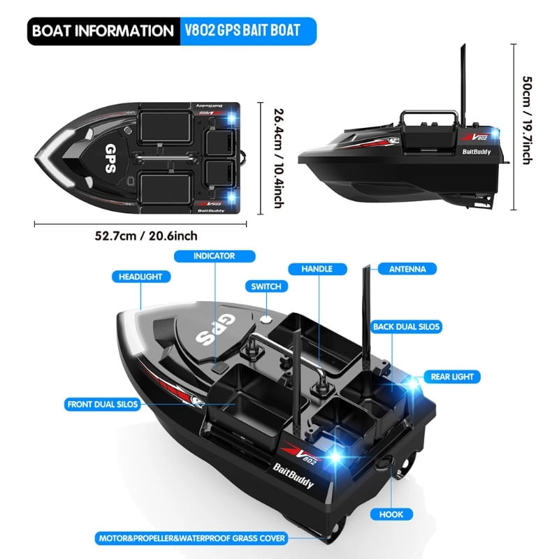 Sport si Outdoor - Sporturi acvatice - Pescuit - Echipament suplimentar pentru pescuit - Barca Plantat, Nadit si Momit iUni V802 PRO, GPS, 12000mAh, 4 cuve, 3kg, 500m, 15km/h, Telecomanda 2.4GHz, Negru - Infinity.ro