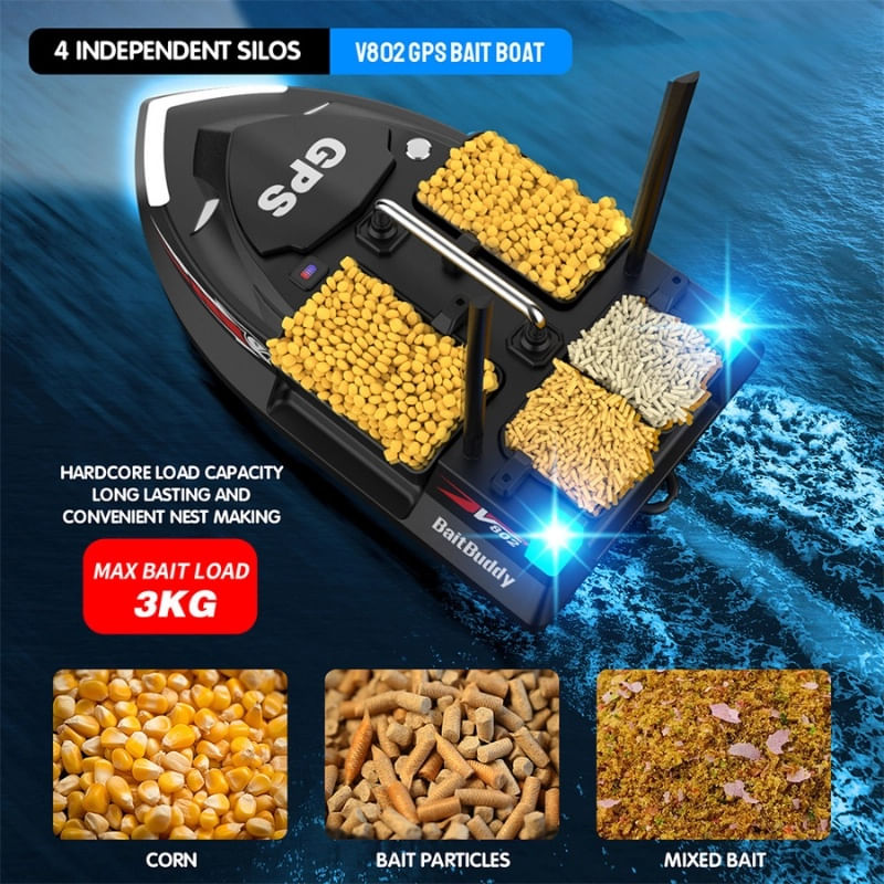 Sport si Outdoor - Sporturi acvatice - Pescuit - Echipament suplimentar pentru pescuit - Barca Plantat, Nadit si Momit iUni V802 PRO, GPS, 12000mAh, 4 cuve, 3kg, 500m, 15km/h, Telecomanda 2.4GHz, Negru - Infinity.ro