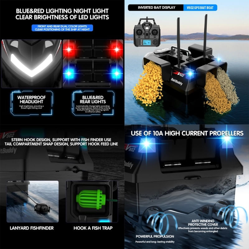 Sport si Outdoor - Sporturi acvatice - Pescuit - Echipament suplimentar pentru pescuit - Barca Plantat, Nadit si Momit iUni V802 PRO, GPS, 12000mAh, 4 cuve, 3kg, 500m, 15km/h, Telecomanda 2.4GHz, Negru - Infinity.ro