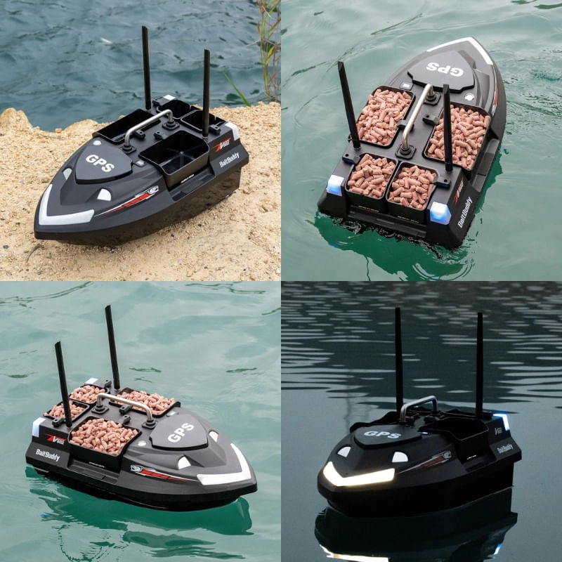 Sport si Outdoor - Sporturi acvatice - Pescuit - Echipament suplimentar pentru pescuit - Barca Plantat, Nadit si Momit iUni V802 PRO, GPS, 12000mAh, 4 cuve, 3kg, 500m, 15km/h, Telecomanda 2.4GHz, Negru - Infinity.ro