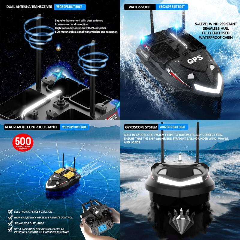 Sport si Outdoor - Sporturi acvatice - Pescuit - Echipament suplimentar pentru pescuit - Barca Plantat, Nadit si Momit iUni V802 PRO, GPS, 12000mAh, 4 cuve, 3kg, 500m, 15km/h, Telecomanda 2.4GHz, Negru - Infinity.ro