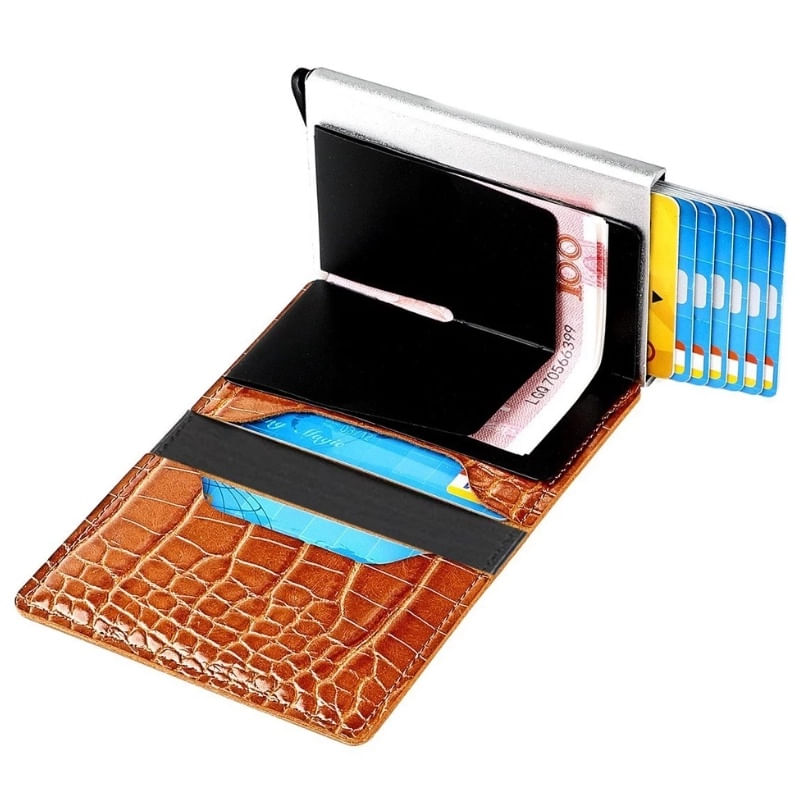 Fashion, accesorii si bijuterii - Femei - Accesorii femei - Portofele femei - Portofel RFID iUni P1, 8 carduri, Print crocodil Maro - Infinity.ro