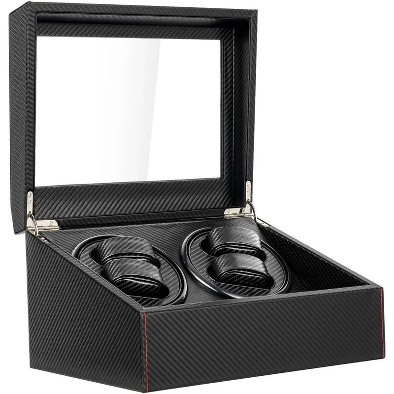 Fashion, accesorii si bijuterii - Barbati - Bijuterii barbati - Ceasuri barbati - Cutie intors ceasuri iUni, Watch Winder 4 + 6 spatii depozitare, Piele ecologica, Carbon - Infinity.ro