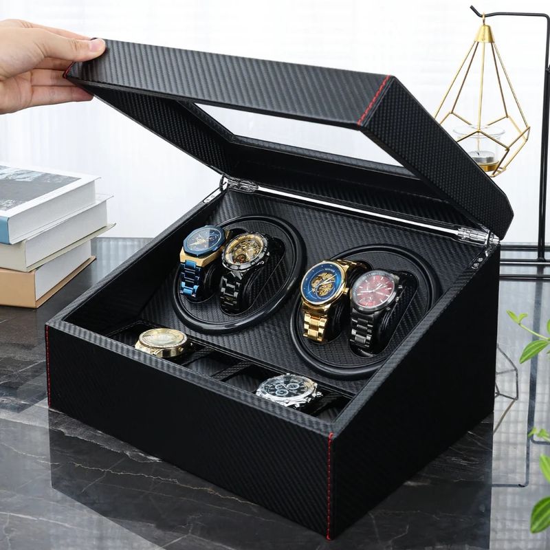 Fashion, accesorii si bijuterii - Barbati - Bijuterii barbati - Ceasuri barbati - Cutie intors ceasuri iUni, Watch Winder 4 + 6 spatii depozitare, Piele ecologica, Carbon - Infinity.ro