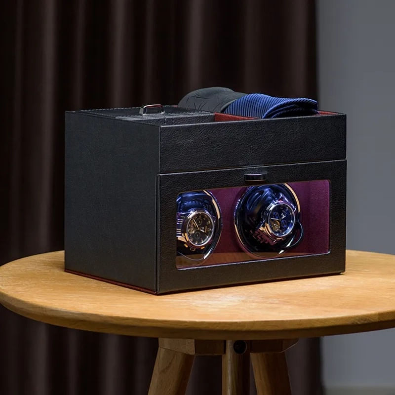 Fashion, accesorii si bijuterii - Barbati - Bijuterii barbati - Ceasuri barbati - Cutie intors ceasuri iUni, Watch Winder 2 + 3 Compartimente accesorii, Piele ecologica, Negru-Rosu - Infinity.ro