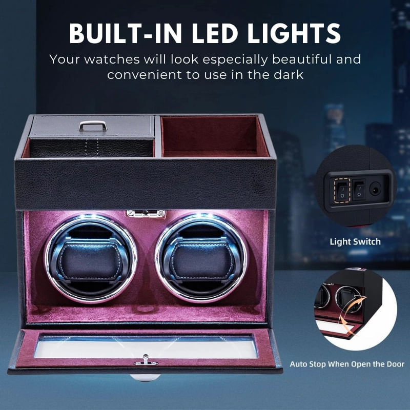 Fashion, accesorii si bijuterii - Barbati - Bijuterii barbati - Ceasuri barbati - Cutie intors ceasuri iUni, Watch Winder 2 + 3 Compartimente accesorii, Piele ecologica, Negru-Rosu - Infinity.ro