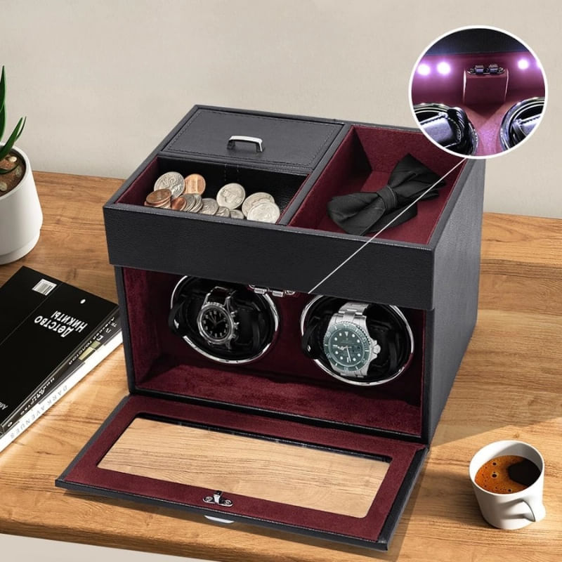 Fashion, accesorii si bijuterii - Barbati - Bijuterii barbati - Ceasuri barbati - Cutie intors ceasuri iUni, Watch Winder 2 + 3 Compartimente accesorii, Piele ecologica, Negru-Rosu - Infinity.ro