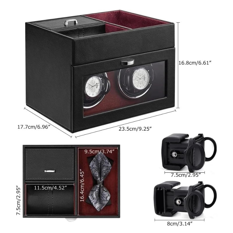 Fashion, accesorii si bijuterii - Barbati - Bijuterii barbati - Ceasuri barbati - Cutie intors ceasuri iUni, Watch Winder 2 + 3 Compartimente accesorii, Piele ecologica, Negru-Rosu - Infinity.ro