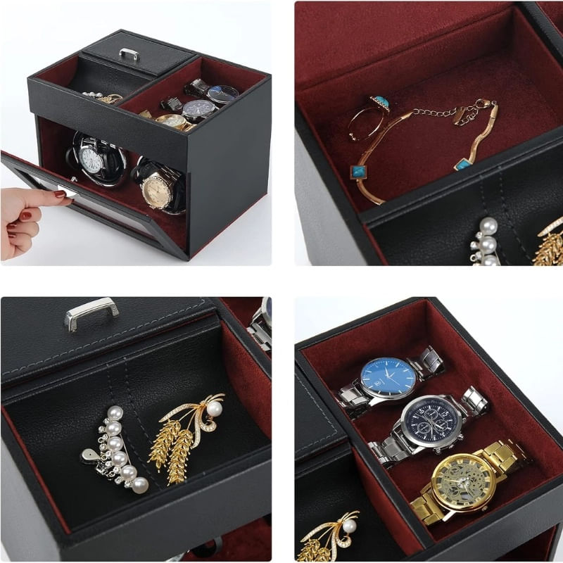 Fashion, accesorii si bijuterii - Barbati - Bijuterii barbati - Ceasuri barbati - Cutie intors ceasuri iUni, Watch Winder 2 + 3 Compartimente accesorii, Piele ecologica, Negru-Rosu - Infinity.ro