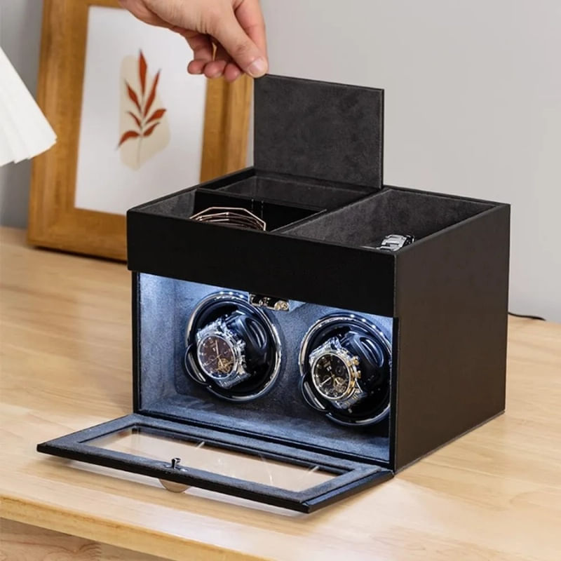 Fashion, accesorii si bijuterii - Barbati - Bijuterii barbati - Ceasuri barbati - Cutie intors ceasuri iUni, Watch Winder 2 + 3 Compartimente accesorii, Piele ecologica, Negru-Gri - Infinity.ro