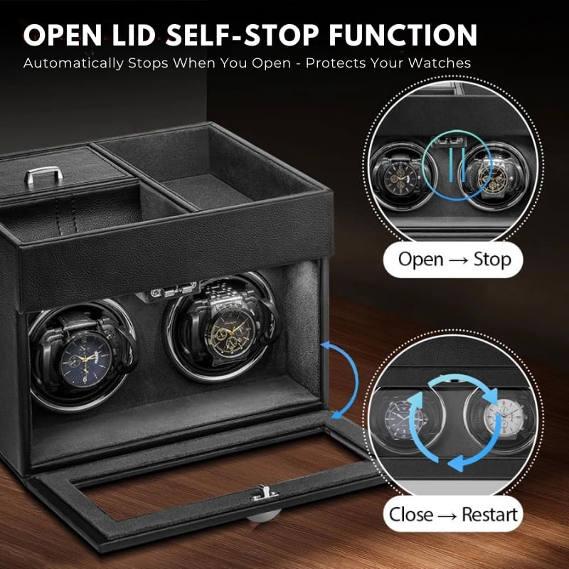 Fashion, accesorii si bijuterii - Barbati - Bijuterii barbati - Ceasuri barbati - Cutie intors ceasuri iUni, Watch Winder 2 + 3 Compartimente accesorii, Piele ecologica, Negru-Gri - Infinity.ro