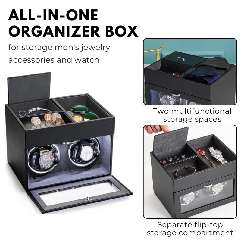 Fashion, accesorii si bijuterii - Barbati - Bijuterii barbati - Ceasuri barbati - Cutie intors ceasuri iUni, Watch Winder 2 + 3 Compartimente accesorii, Piele ecologica, Negru-Gri - Infinity.ro