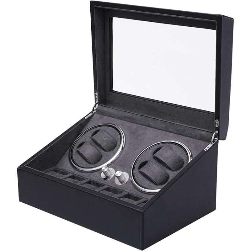 Fashion, accesorii si bijuterii - Barbati - Bijuterii barbati - Ceasuri barbati - Cutie intors ceasuri iUni, 4 Programe, Watch Winder 4 + 6 spatii depozitare, Piele ecologica, Black - Infinity.ro