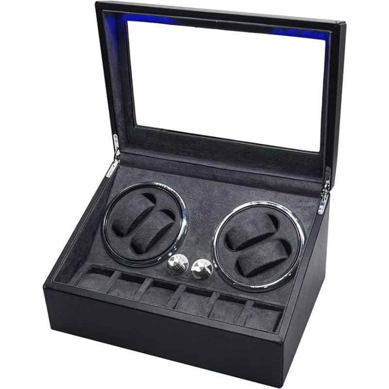 Fashion, accesorii si bijuterii - Barbati - Bijuterii barbati - Ceasuri barbati - Cutie intors ceasuri iUni, 4 Programe, Watch Winder 4 + 6 spatii depozitare, Piele ecologica, Black - Infinity.ro