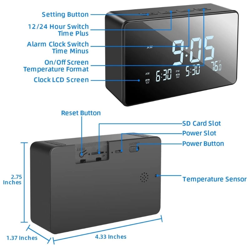 Laptop, Telefoane si Tablete - Wearables si gadgeturi - Gadgeturi - Dispozitive spionaj - Ceas de birou cu Camera Spion iUni IP61, Full HD, 8GB, Wi-Fi, Night Vision, Termometru interior - Infinity.ro