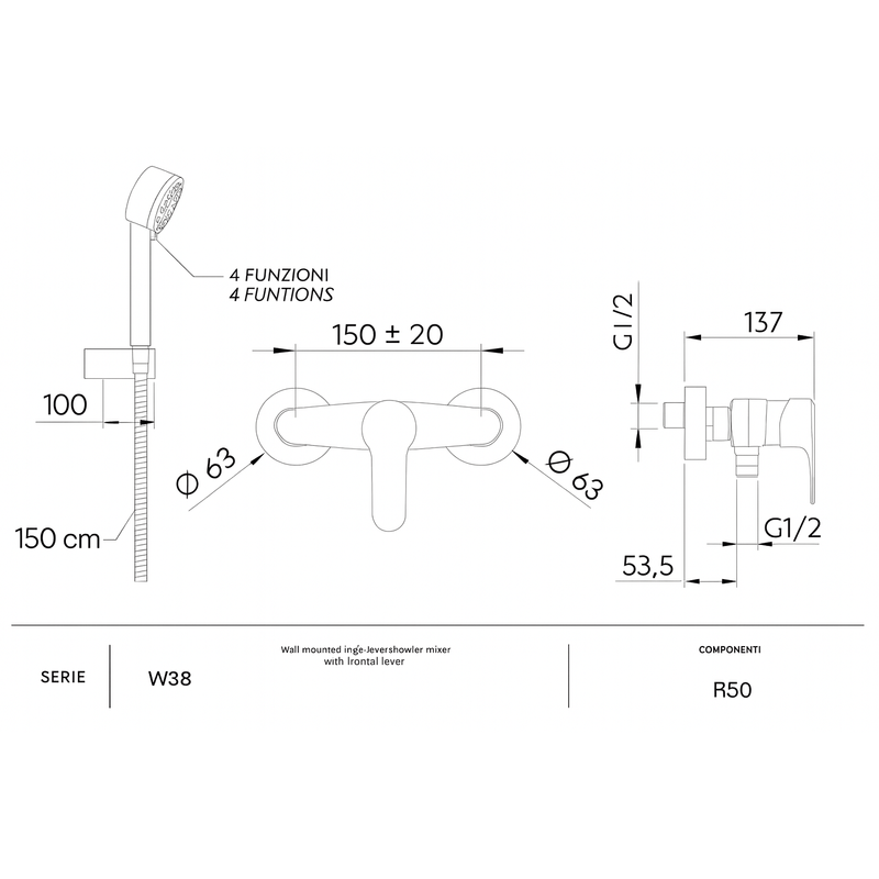 Casa si Gradina - Sanitare - Lavoar baie si accesorii - Baterii sanitare - Baterie de cada cu dus Remer Rubinetterie Winner W38, aparenta,, para de dus cu 4 functii, suport reglabil, anti-calcar - Infinity.ro